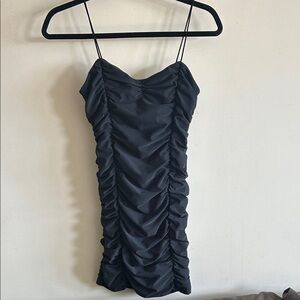 Black Ruched Satin Slip Dress - Women